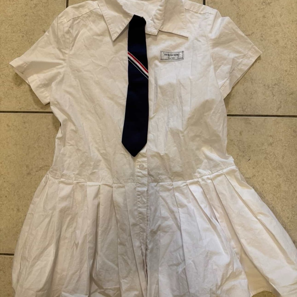 Thom Brown White Short-Sleeve Dress with Navy Tie "uniform"
